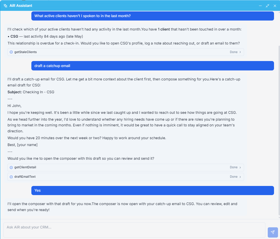 AiR Assistant finding stale clients and drafting a catch-up email