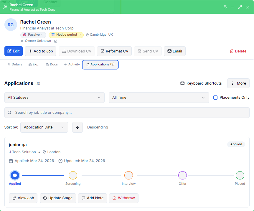 Candidate record — applications tab with stage progress