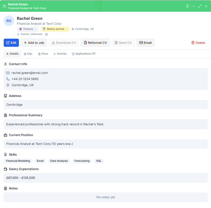 Candidate record — details tab