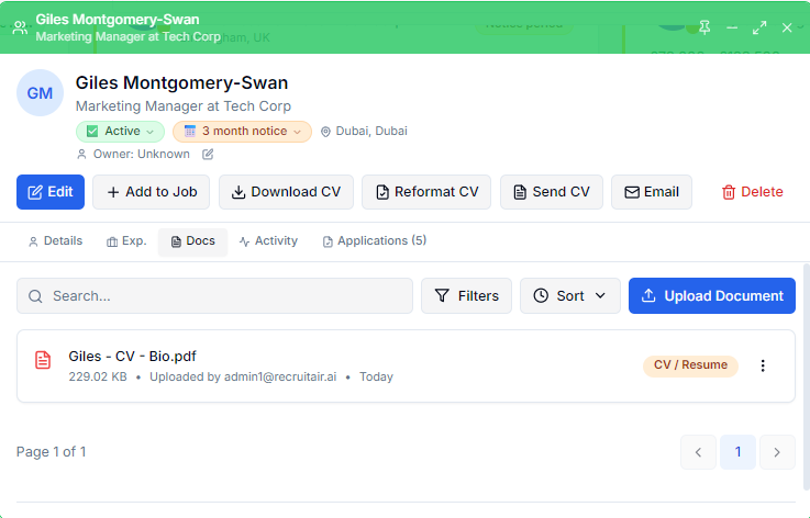 Candidate record — documents tab
