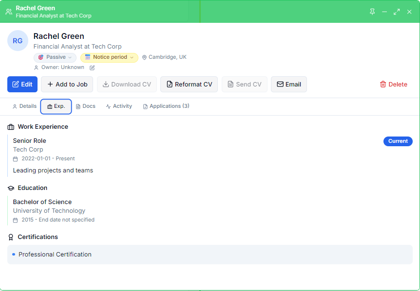 Candidate record — experience tab