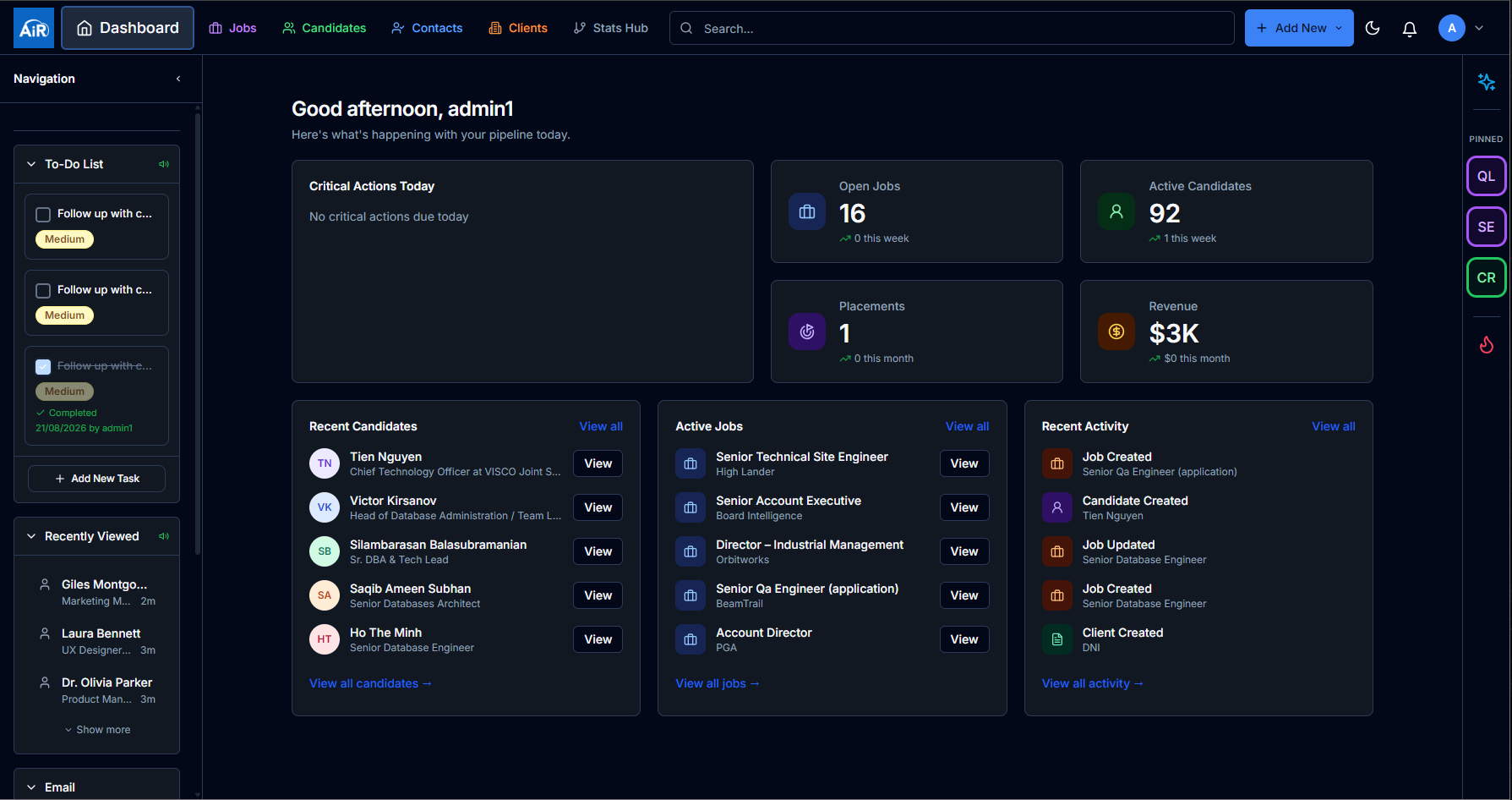 AiR dashboard in dark mode