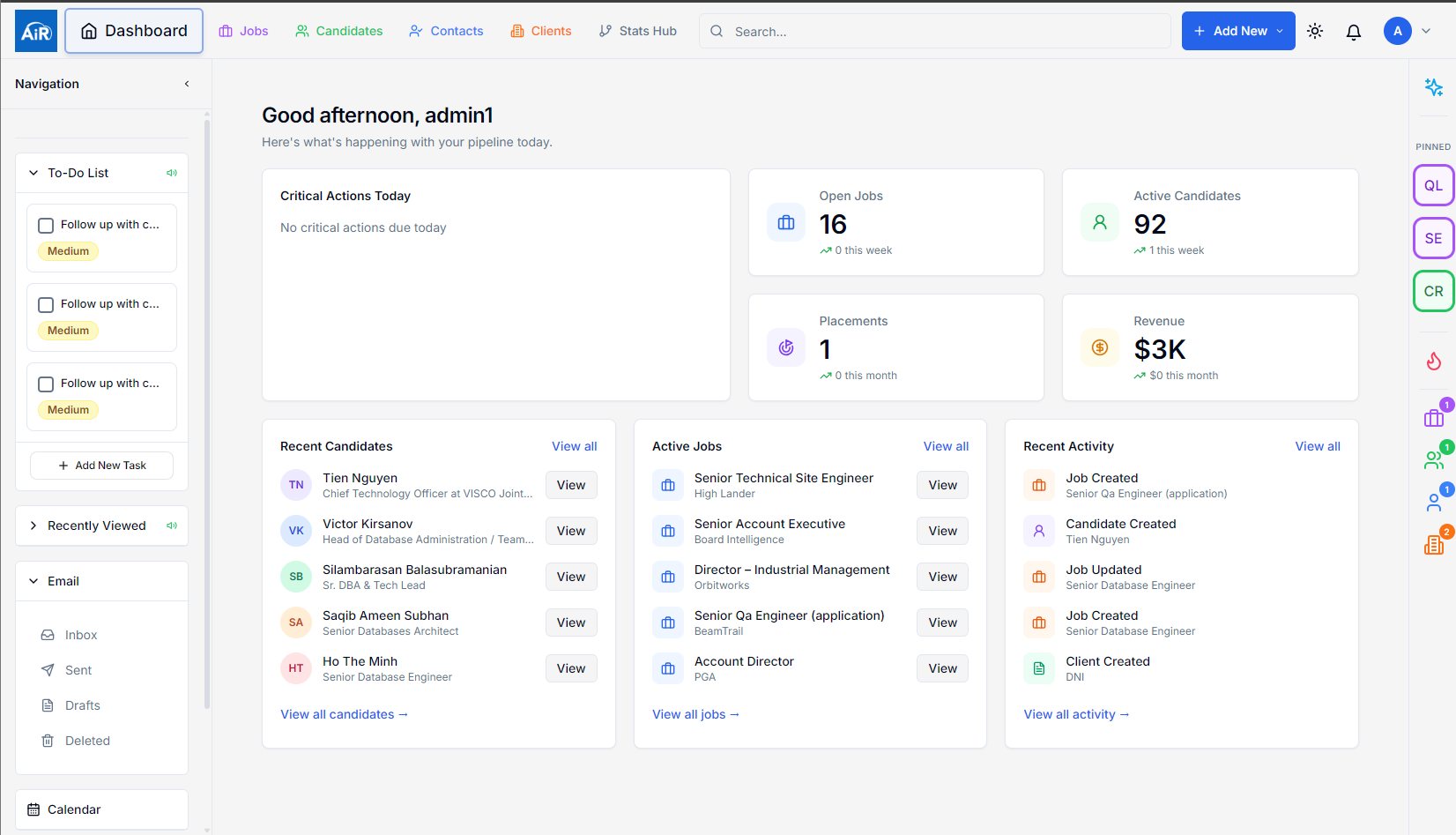 AiR dashboard — live pipeline metrics, recent candidates, active jobs and activity feed