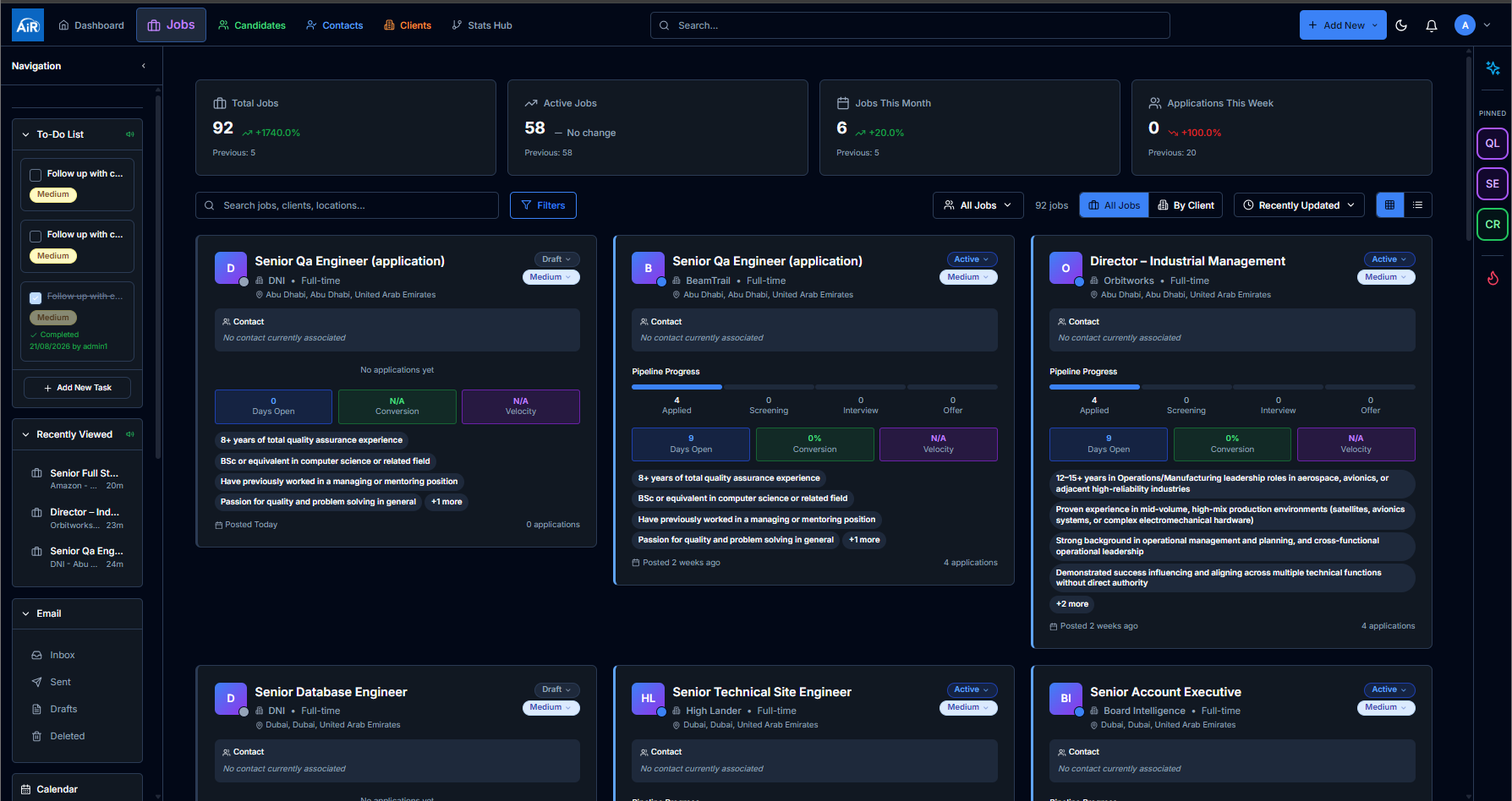 Jobs dashboard card view, dark mode