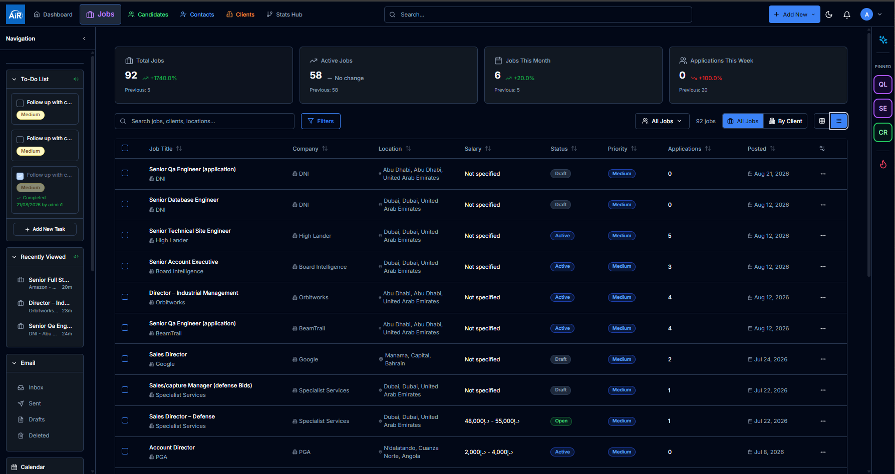 Jobs dashboard table view, dark mode