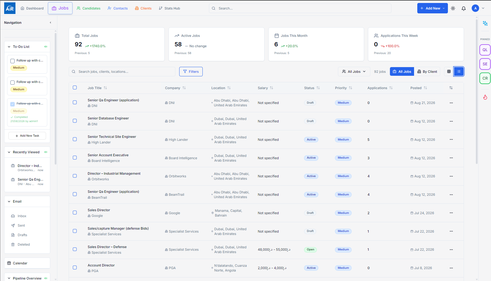 Jobs dashboard table view